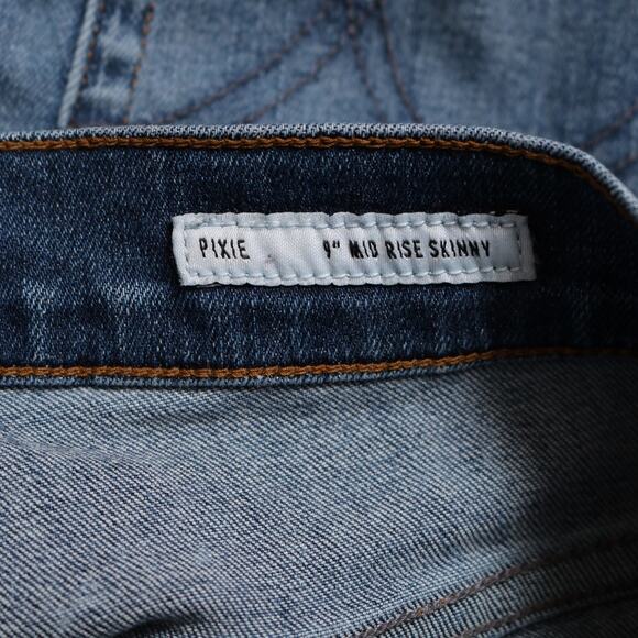 Edwin Pixie Distressed Mid Rise Skinny Jeans Medium Wash Blue Denim Size 30 - Picture 7 of 10